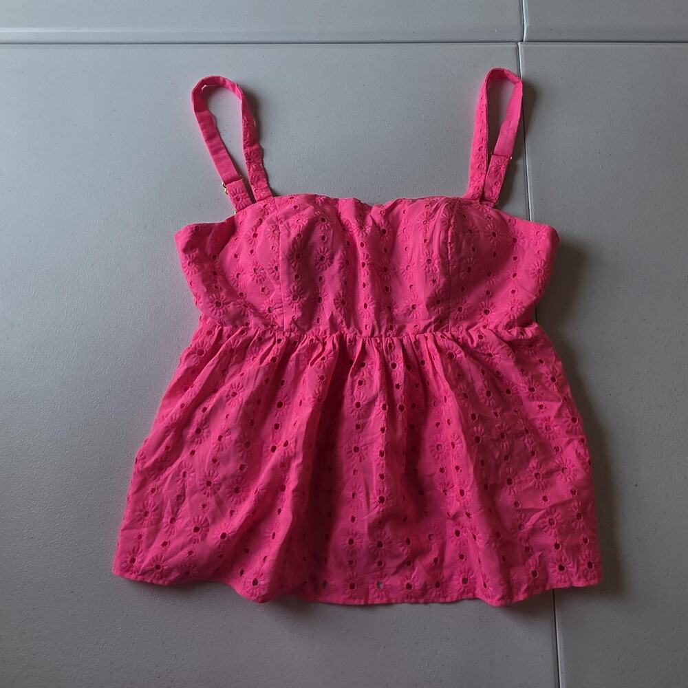 Lilly Pulitzer Tank Top Womens 2 Pink Floral Eyelet Lace Bow Back Summer Cami